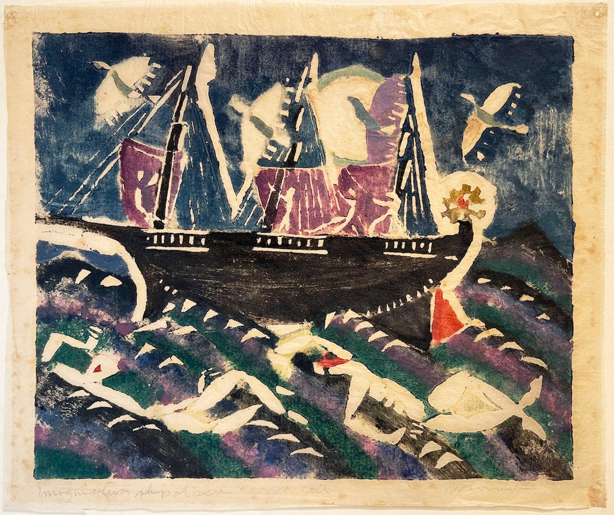 William Zorach Linocut: "Marine (also known as Ship and Swimmers)"