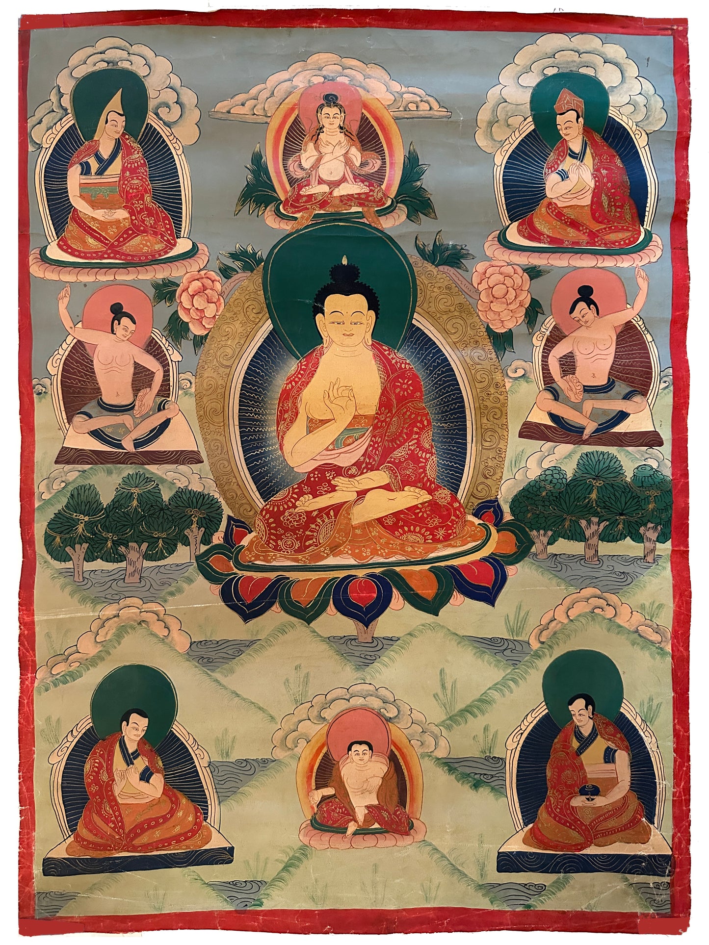Thangka: Hand-painted Tibetan Thangka: Buddha in Red Robe