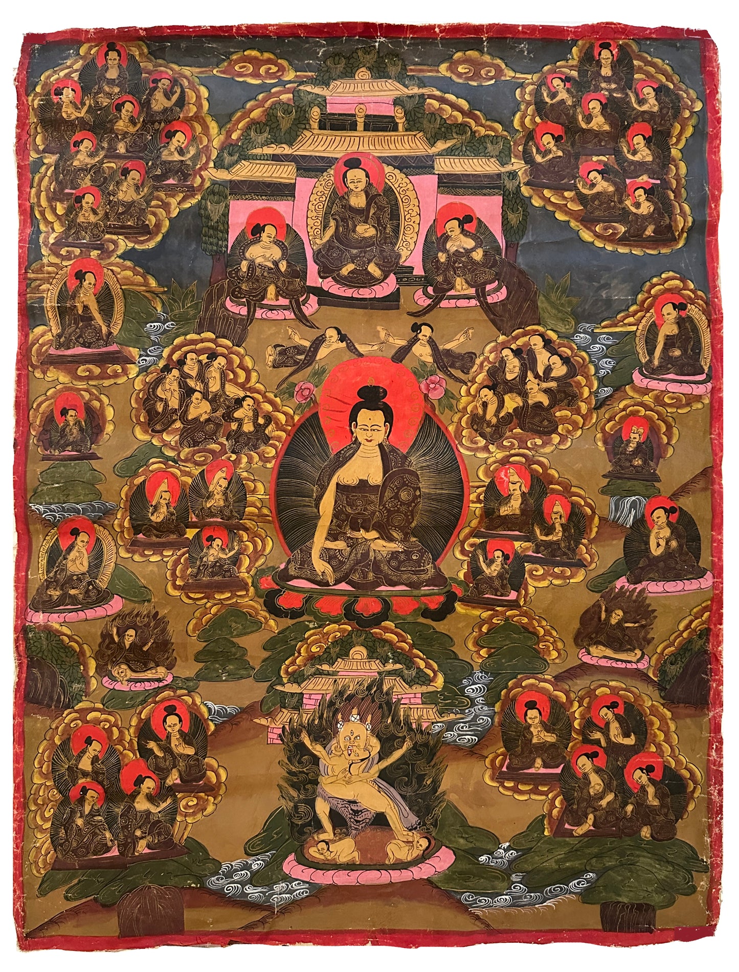 Thangka: Hand-painted Tibetan Thangka: Buddha in Brown Robe