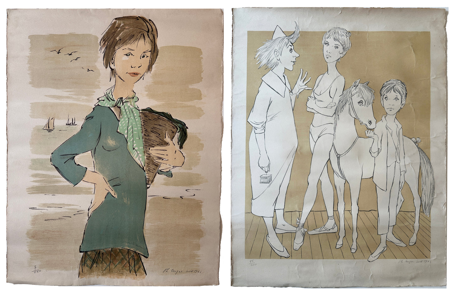Set of 2 Philippe Henri Noyer Lithographs: (A) French Girl (B) Circus Group