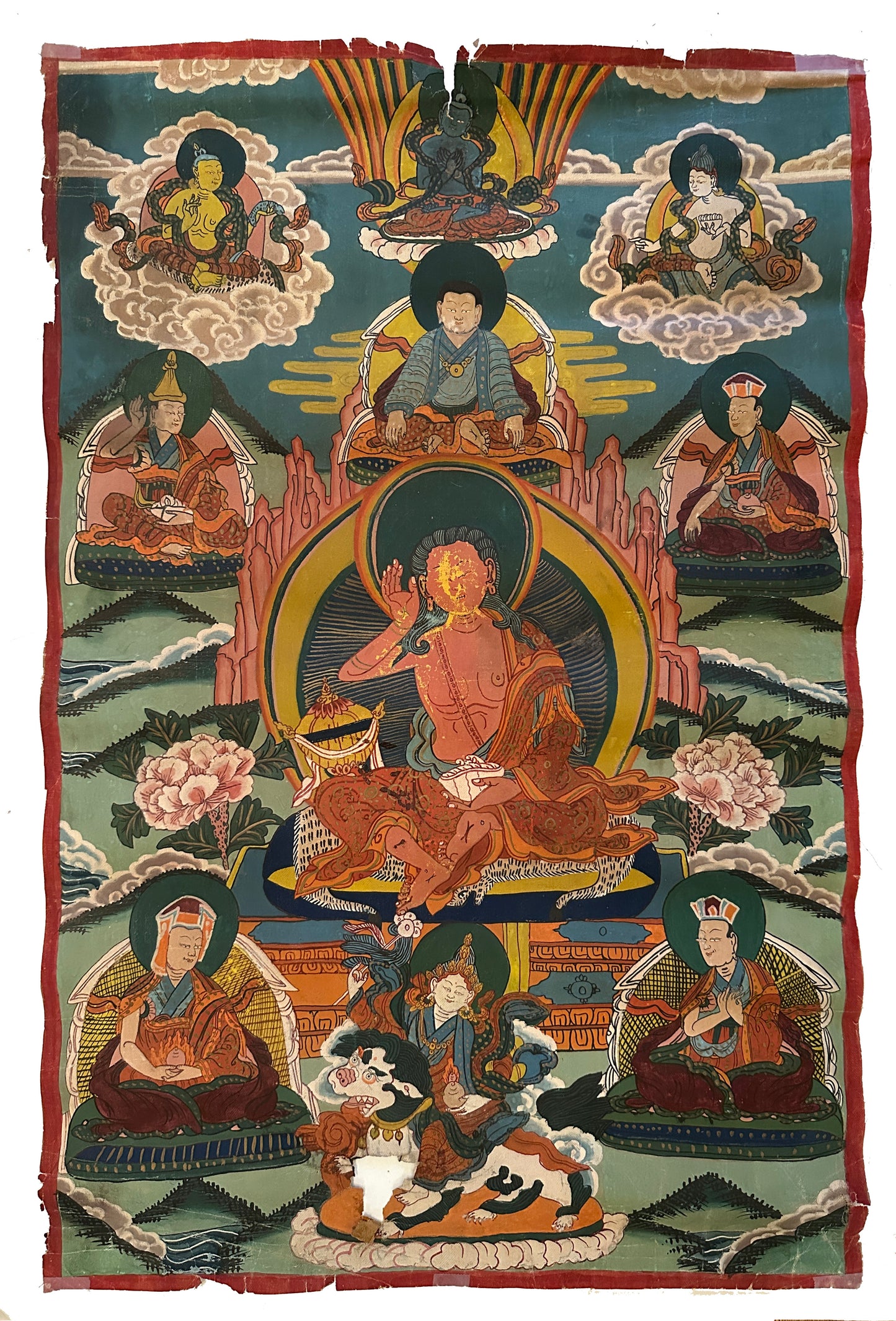 Thangka: Hand-painted Tibetan Thangka: Buddha in Orange Robe
