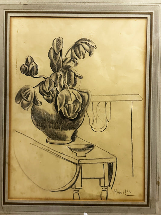 Jan Matulka Crayon Drawing: Still Life - Flowers in a vase