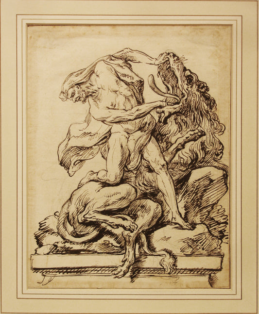 Austrian 19th Century School Drawing: "Hercules Subdues the Nubian Lion"