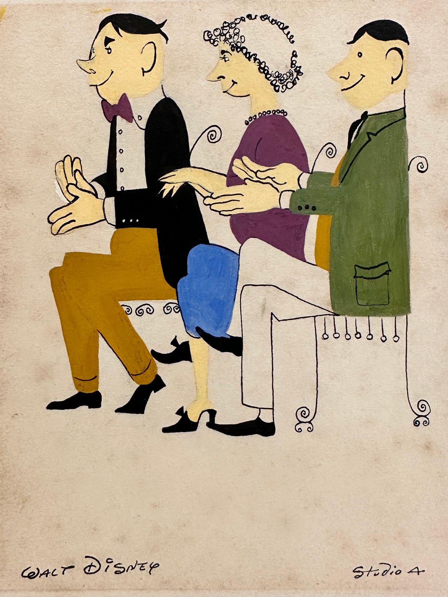 Walt Disney Signed Drawing: Three Seated Figures Applauding