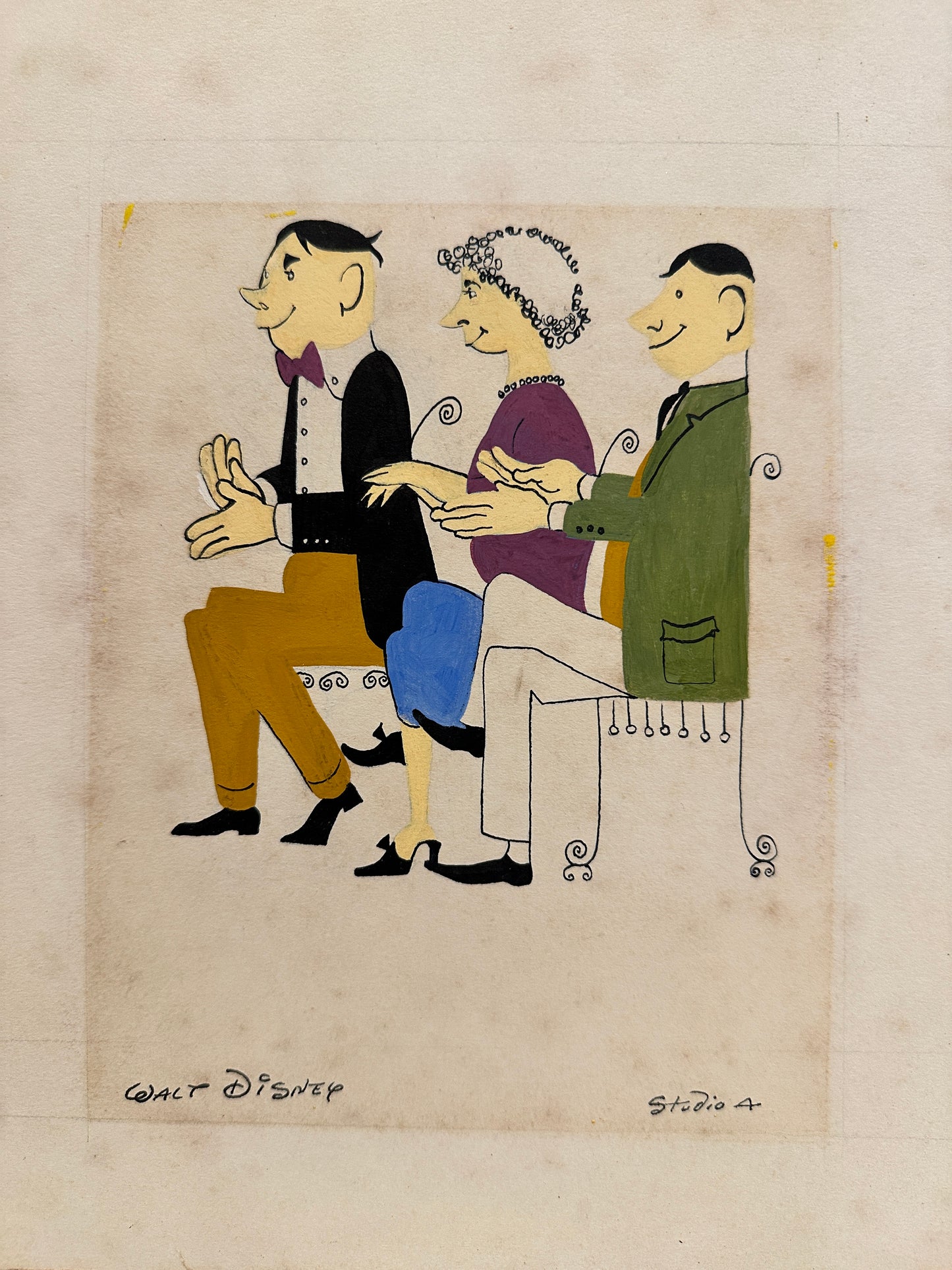 Walt Disney Signed Drawing: Three Seated Figures Applauding