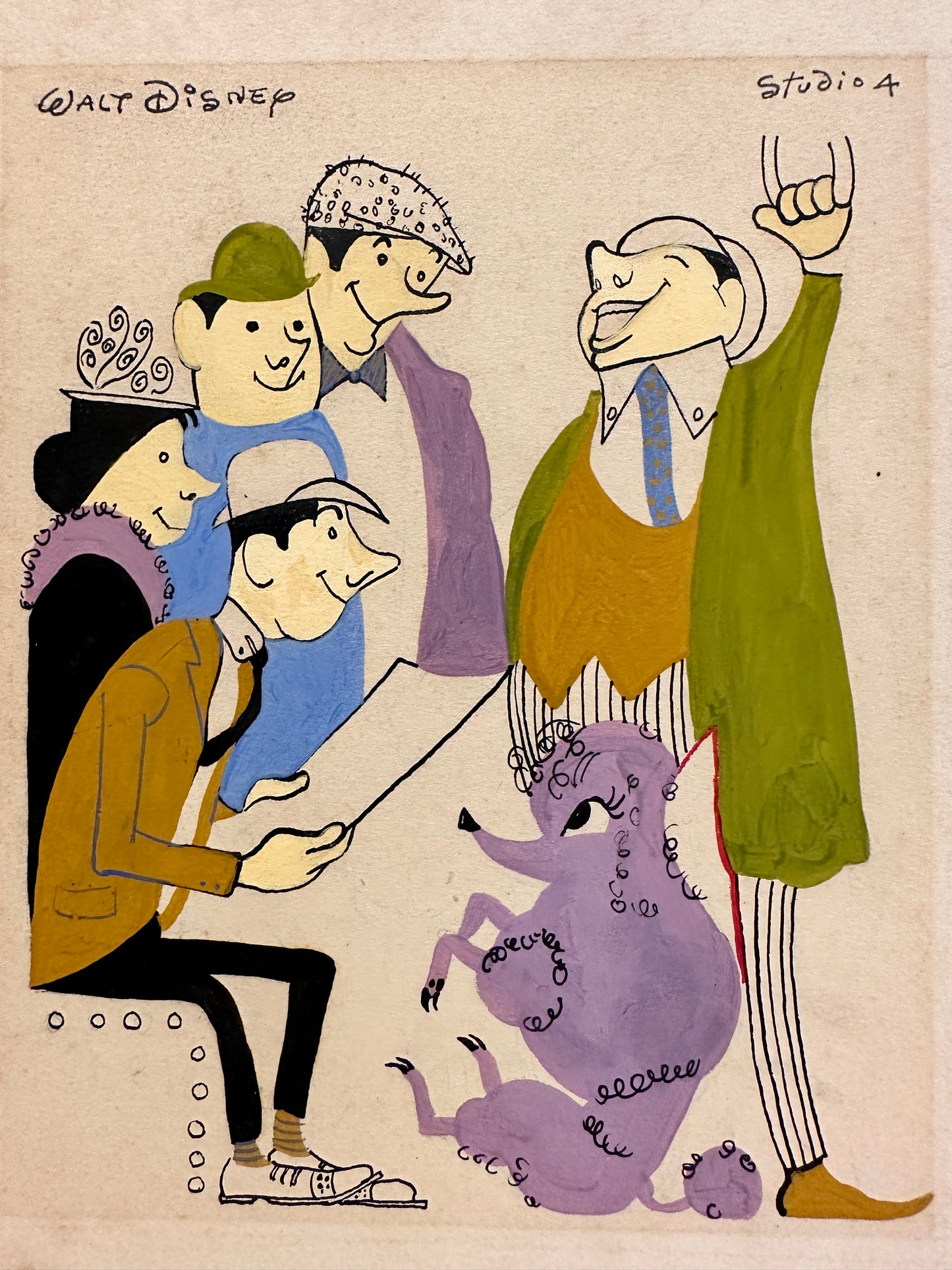 Walt Disney Signed Drawing: Five People and a Purple Poodle