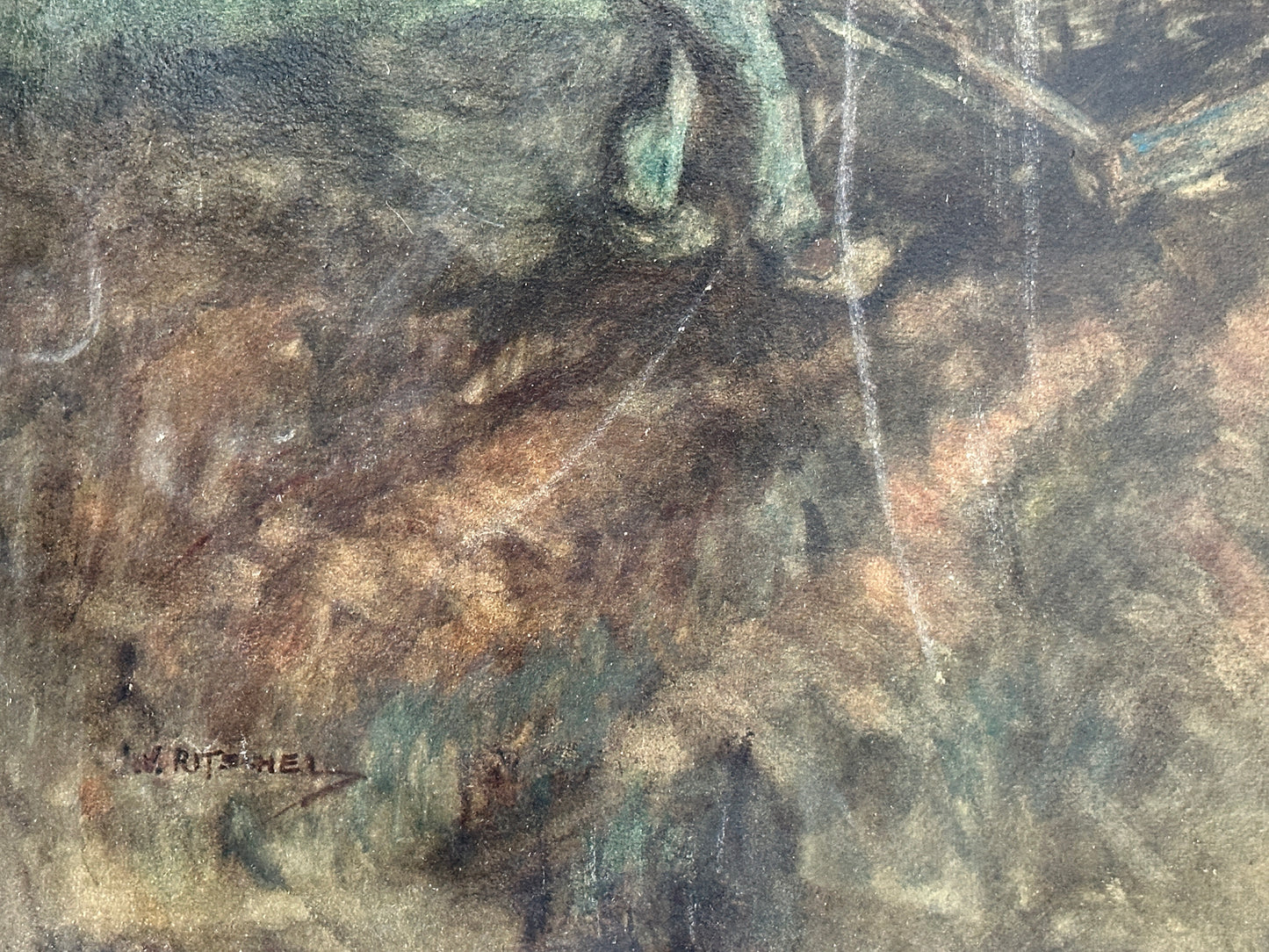 William Ritschel Watercolor: Man plowing the field with two horses