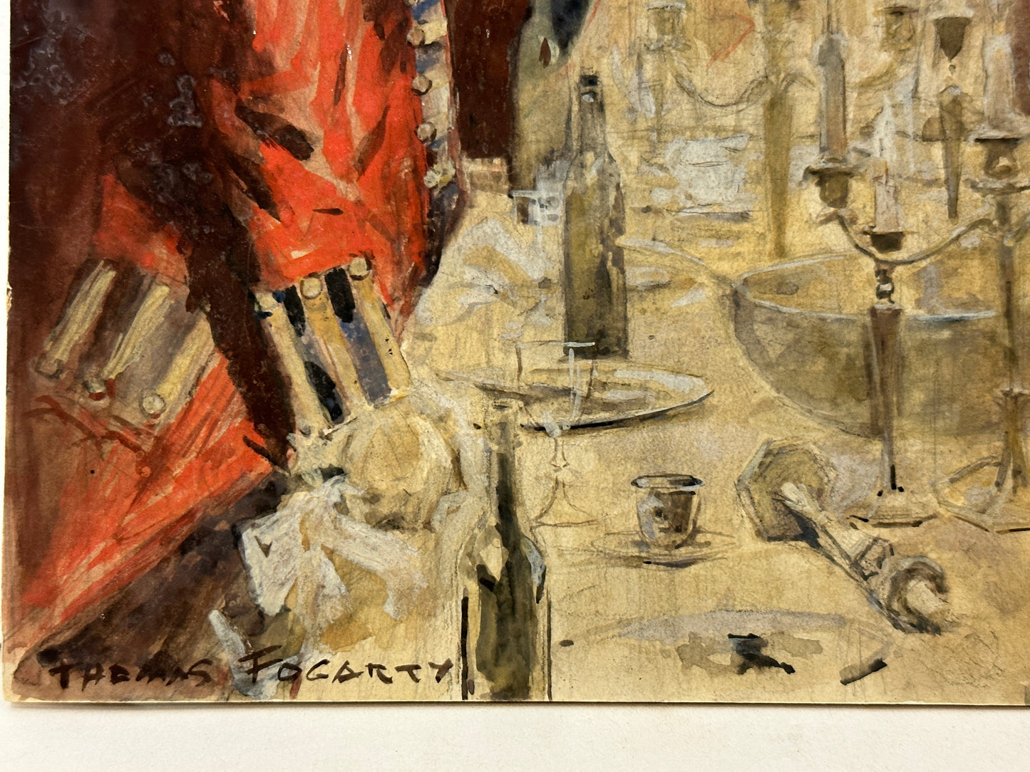 Thomas Fogarty Watercolor: Men in red uniform at dinner table