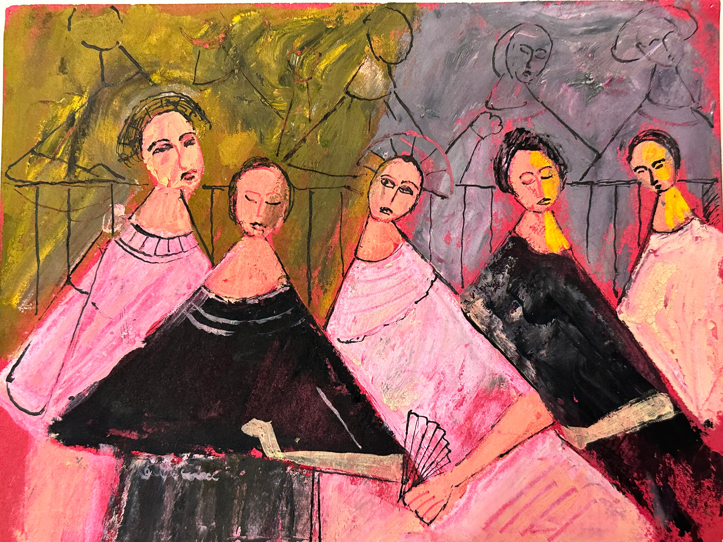 Gene Charlton Oil Painting: 5 Women in Dresses