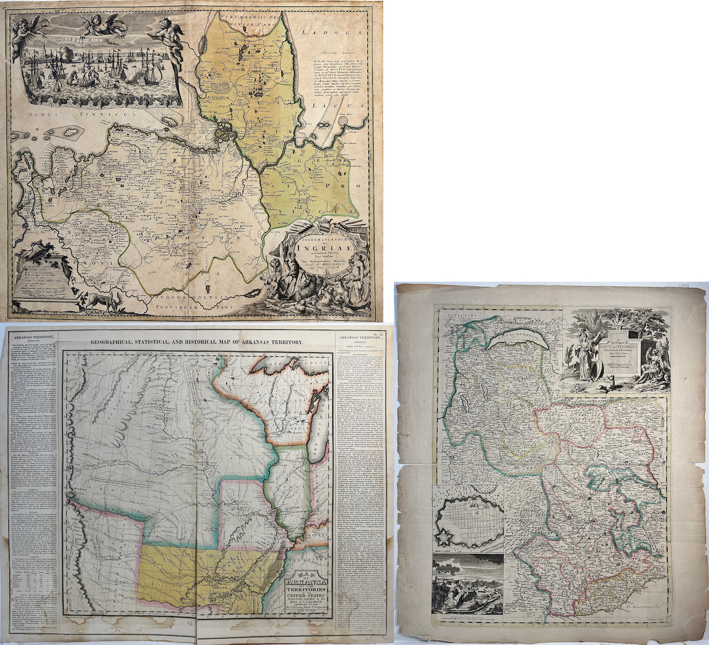 Set of 3 Vintage Maps: (1) Ingermanland feu Ingria (2) A New map of Savoy and Piedmont (3) Map of Arkansa and the other US Territories