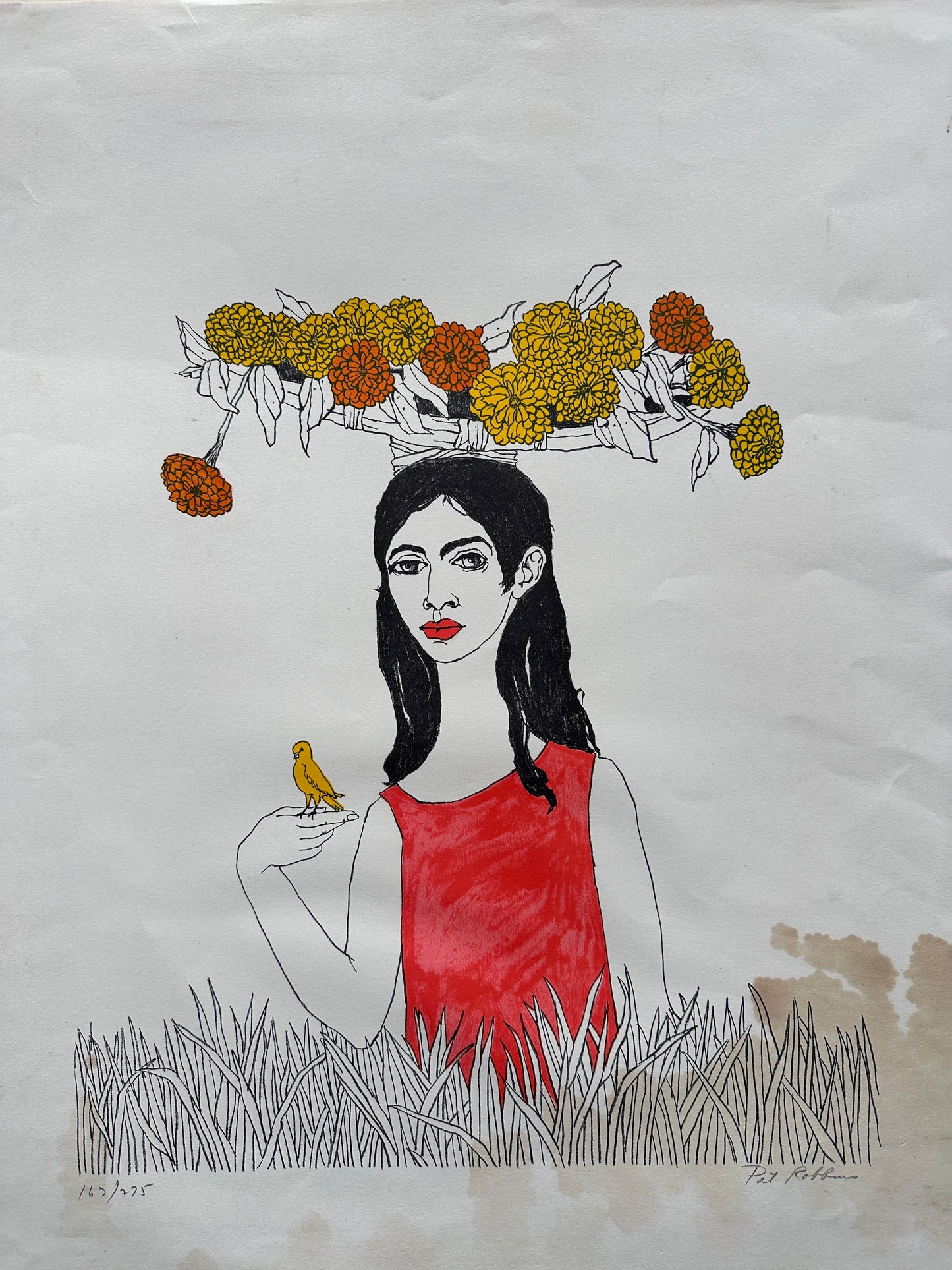 Pat Robbins Lithograph: Portrait of Woman with Yellow Bird (Ed.162/275)