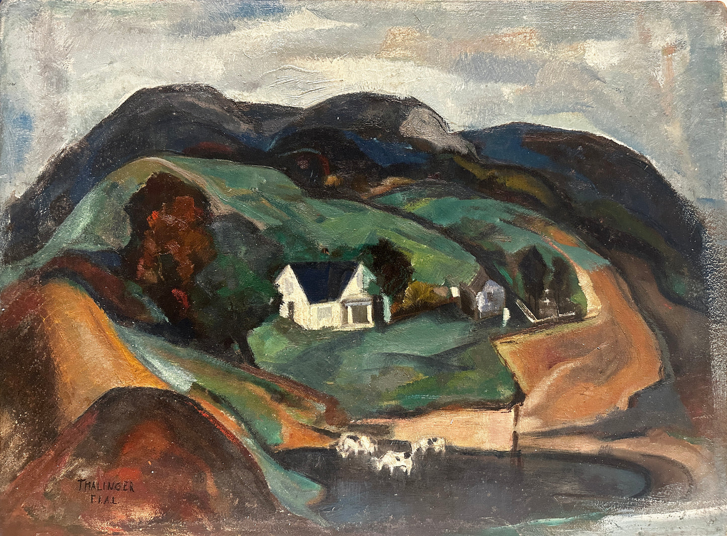 Oscar Thalinger Oil Painting: Landscape - a house, farm, and cows in the field