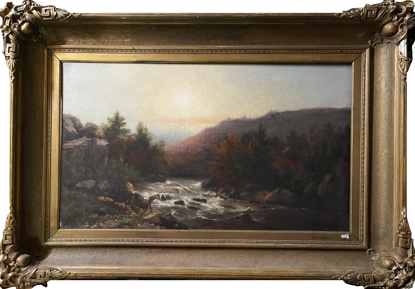 Hudson River School Oil Painting: Men fishing on a river