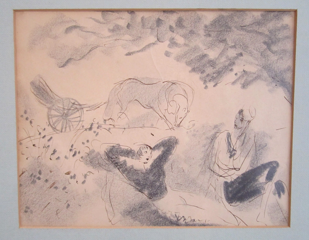 Marcel Vertes Drawing: Two figures and horse with carriage