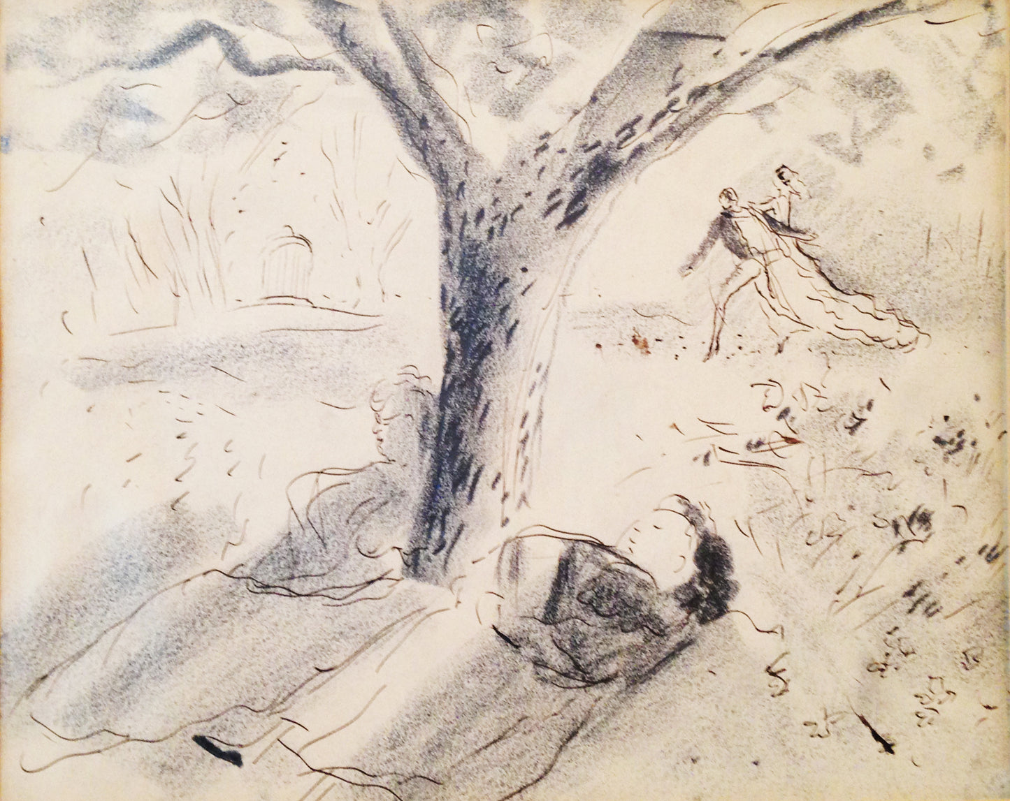 Marcel Vertes Drawing: People sleeping under the tree