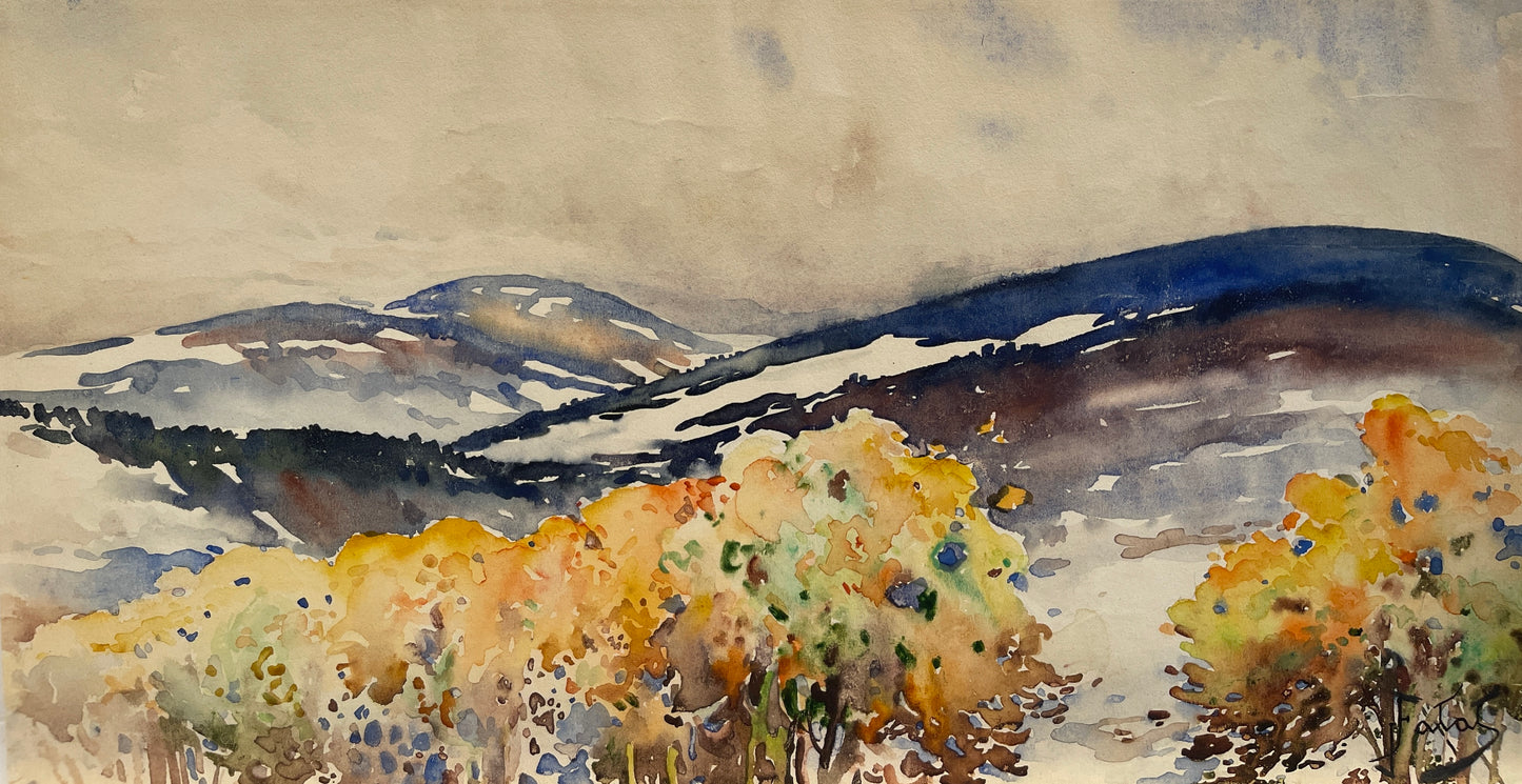 Julian Falat Signed Watercolor: "Autumn Trees and Mountainous background"