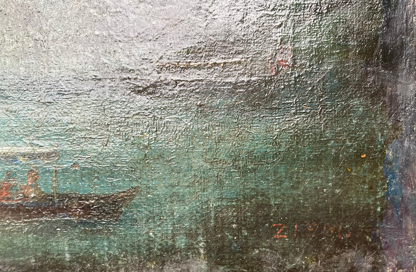 Chinese artist Zieng Oil Painting: Waterscape with boat and mountains in the background