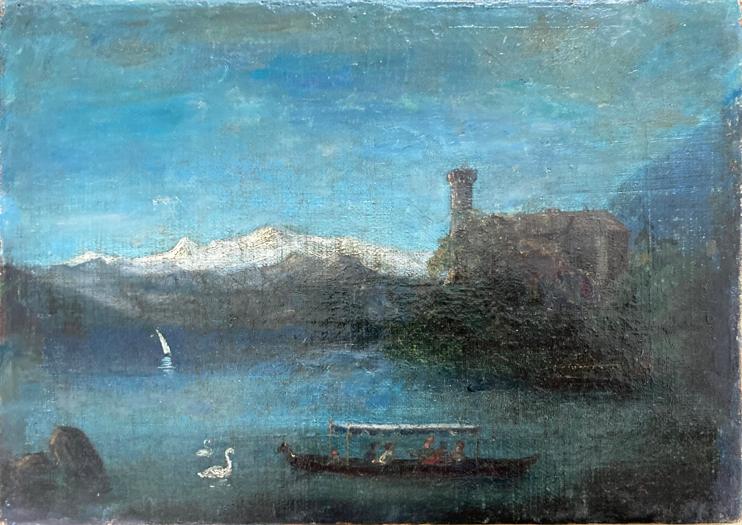 Chinese artist Zieng Oil Painting: Waterscape with boat and mountains in the background