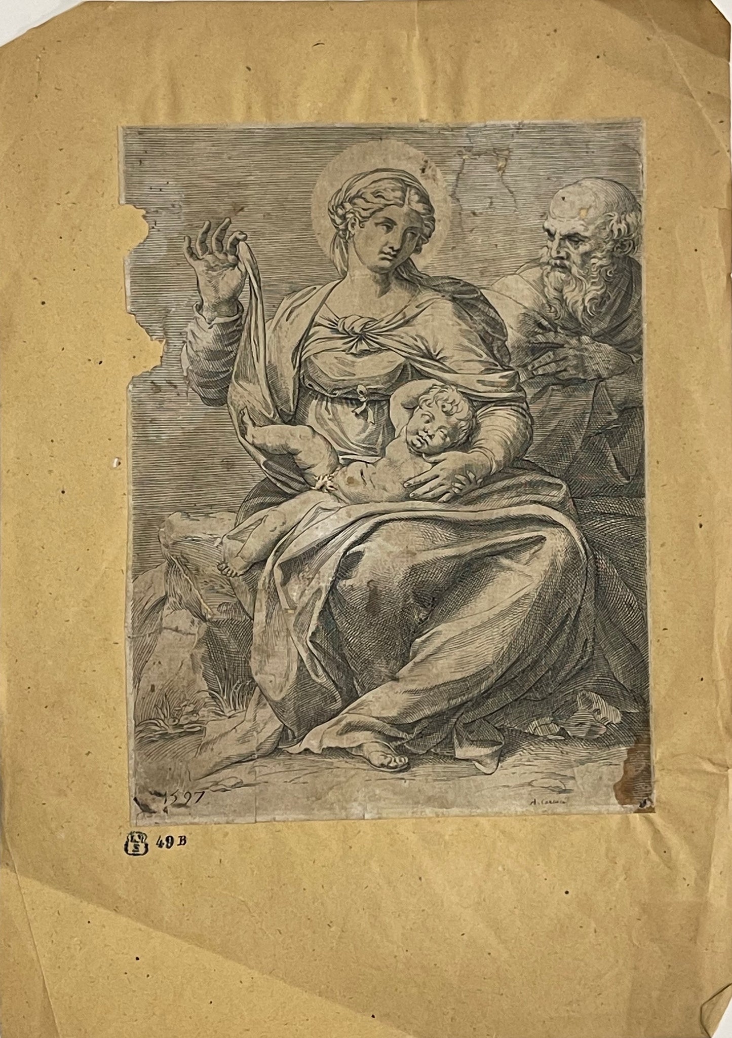 Annibale Carracci Engraving: Saint Mary and Saint Joseph with the Christ