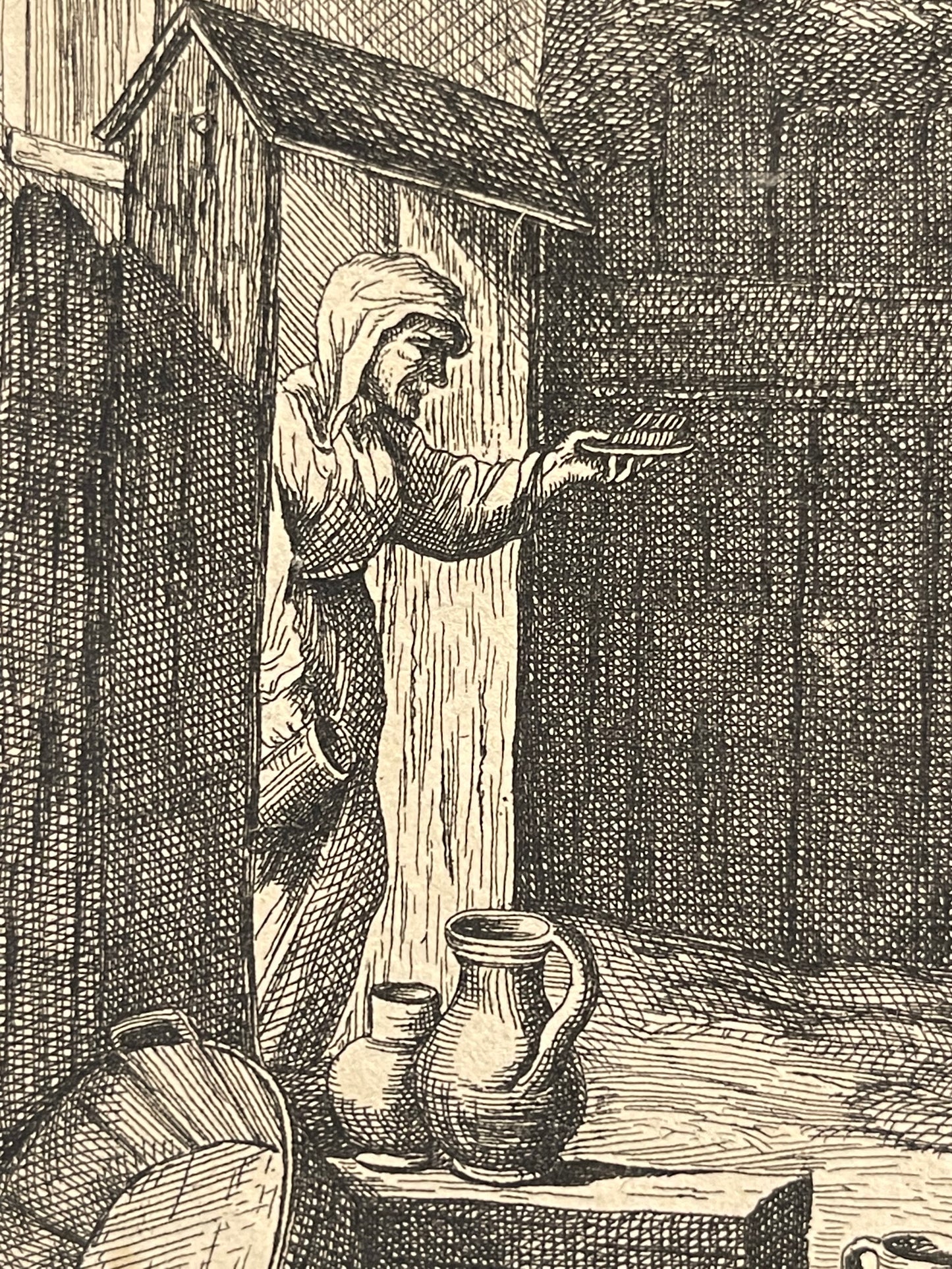 David Teniers II Etching: "Five Peasants Gathered around a Barrel"