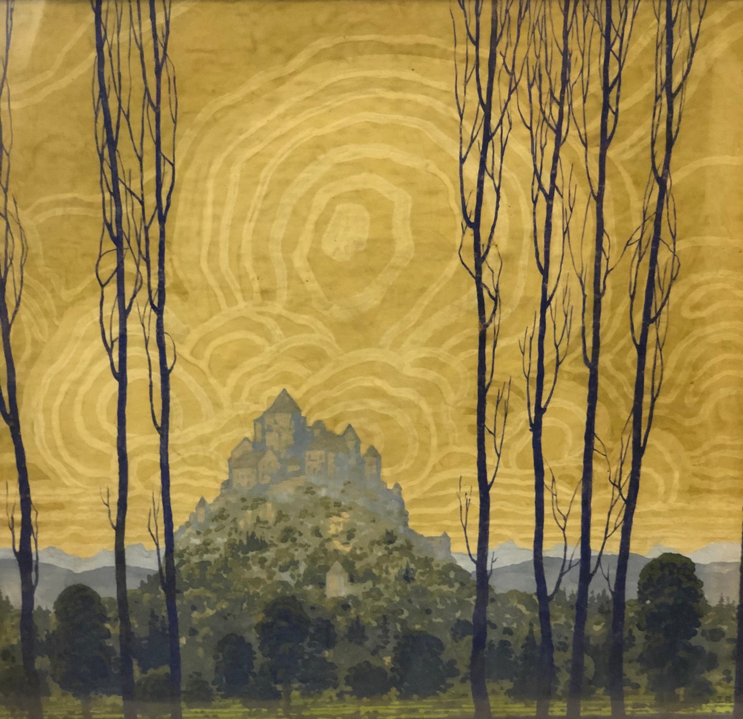 Castle in a Landscape with Yellow Skies Watercolor by artist JA (initials)