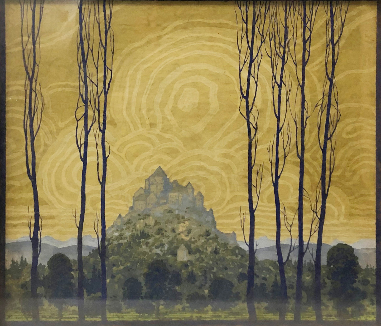 Castle in a Landscape with Yellow Skies Watercolor by artist JA (initials)