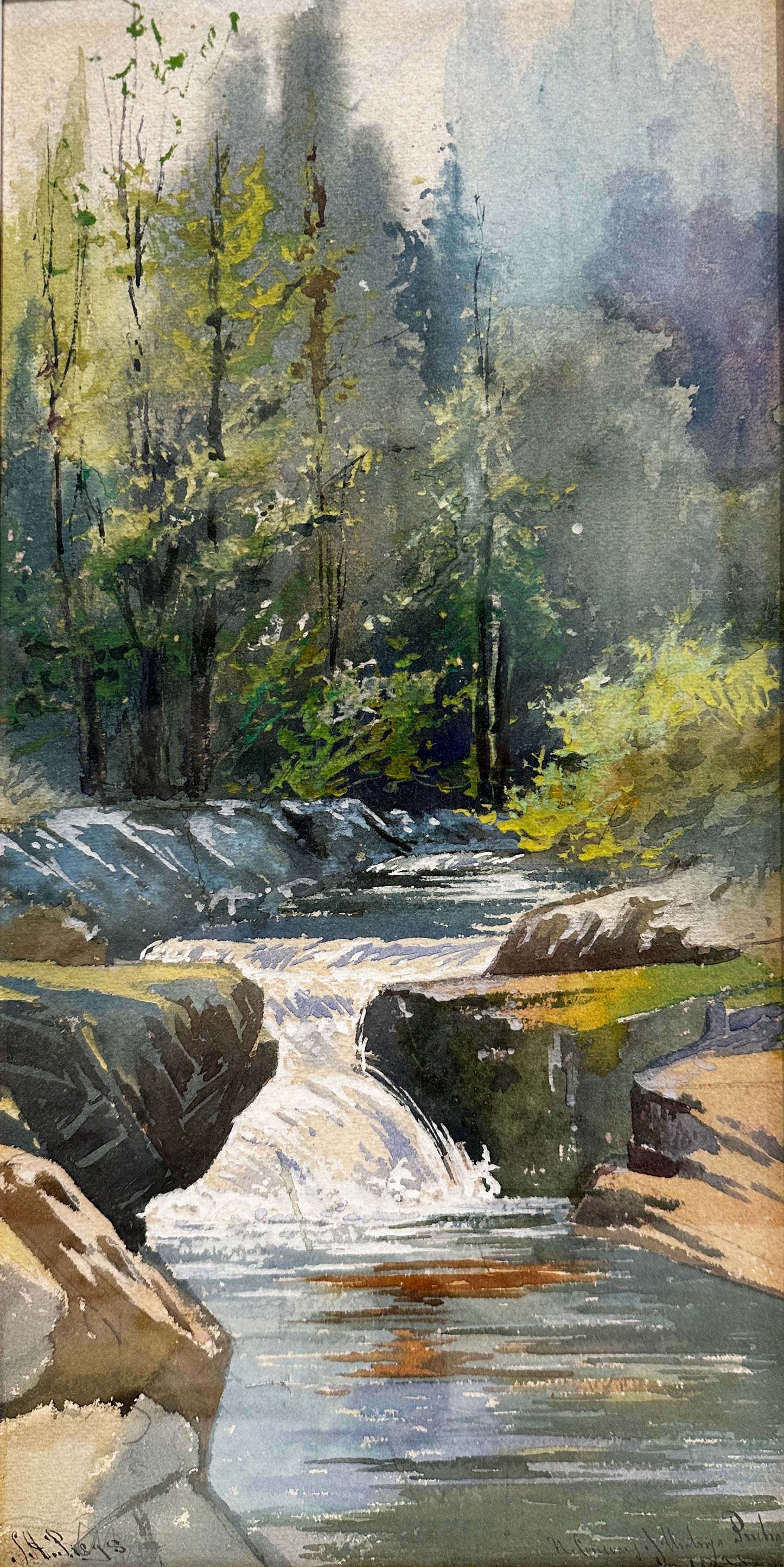 Justin Pregas Watercolor: River running through forest