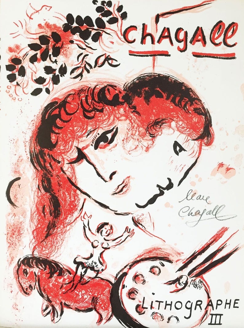 Marc Chagall Lithograph III: 1974 Marc Chagall Original Lithograph Cover for Book Lithograph III