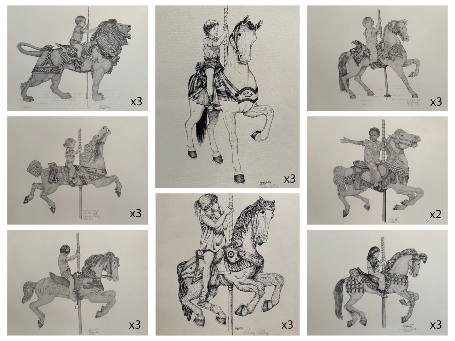 Nancy Alley Lithographs: Child in Carousel (8 different lithographs with multiple copies totaling 23 pieces)