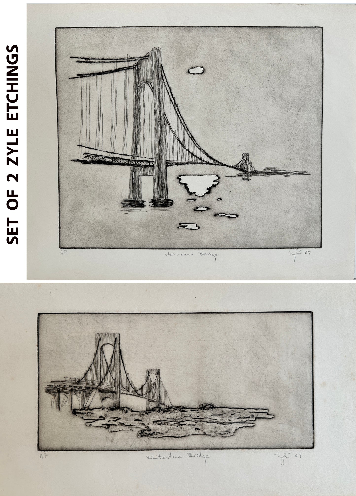 Set of 2 Zyle Etchings (AP): (1) Whitestone Bridge  (2) Verrazzano Bridge