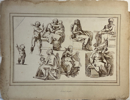 Conrad Martin Metz (1749-1827) Engraving - After Michelangelo Buonarroti (1475-1564): Studies from the ceiling of the Sistine Chapel - Michael Angelo