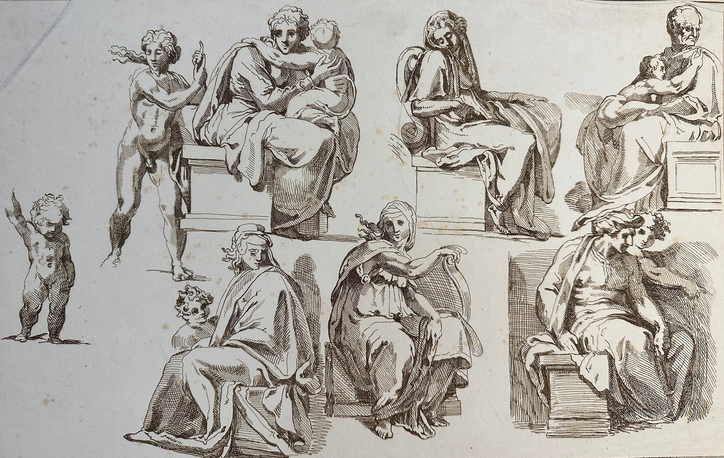Conrad Martin Metz (1749-1827) Engraving - After Michelangelo Buonarroti (1475-1564): Studies from the ceiling of the Sistine Chapel - Michael Angelo
