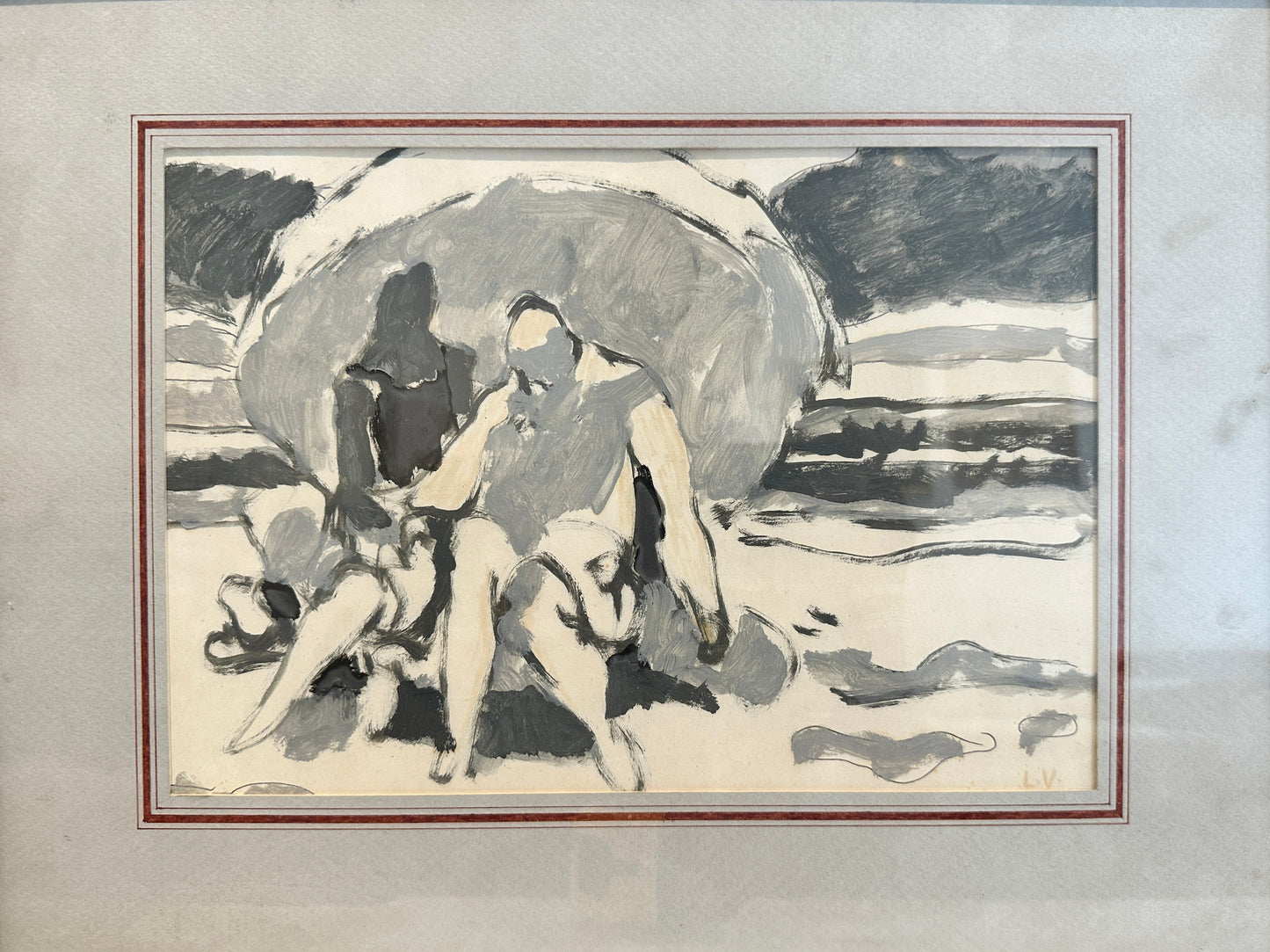 Louis Valtat Gouache Painting: Two figures under an umbrella