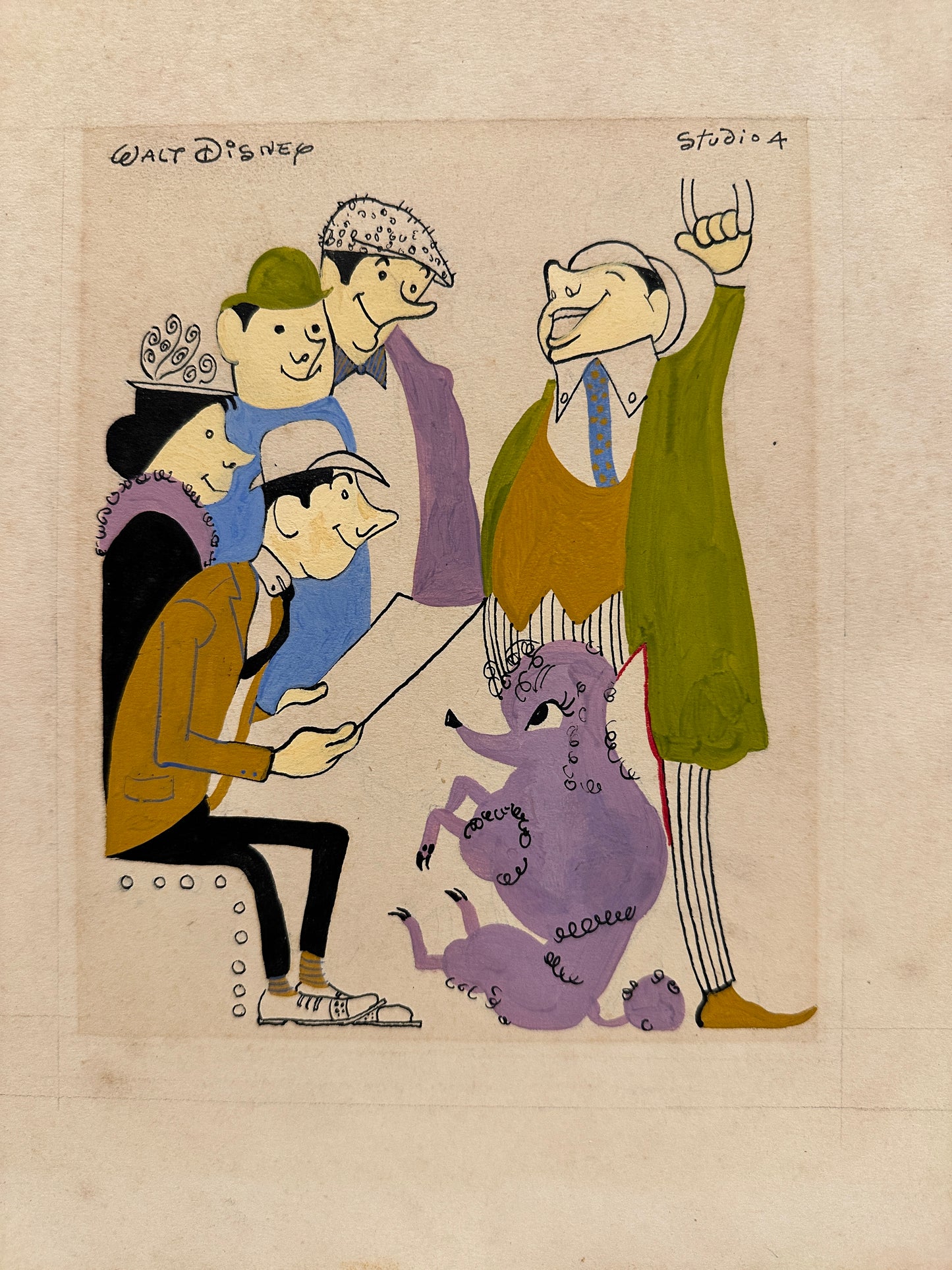 Walt Disney Signed Drawing: Five People and a Purple Poodle