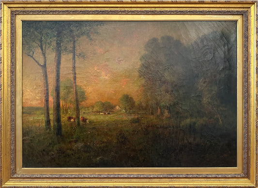 Hudson River School Oil Painting: Meadow Scene with Cows