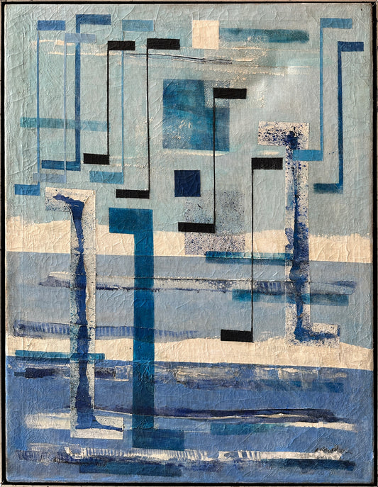 Irene Rice Pereira Oil on Canvas: Blue abstract composition "Movement Towards the Form of Something"