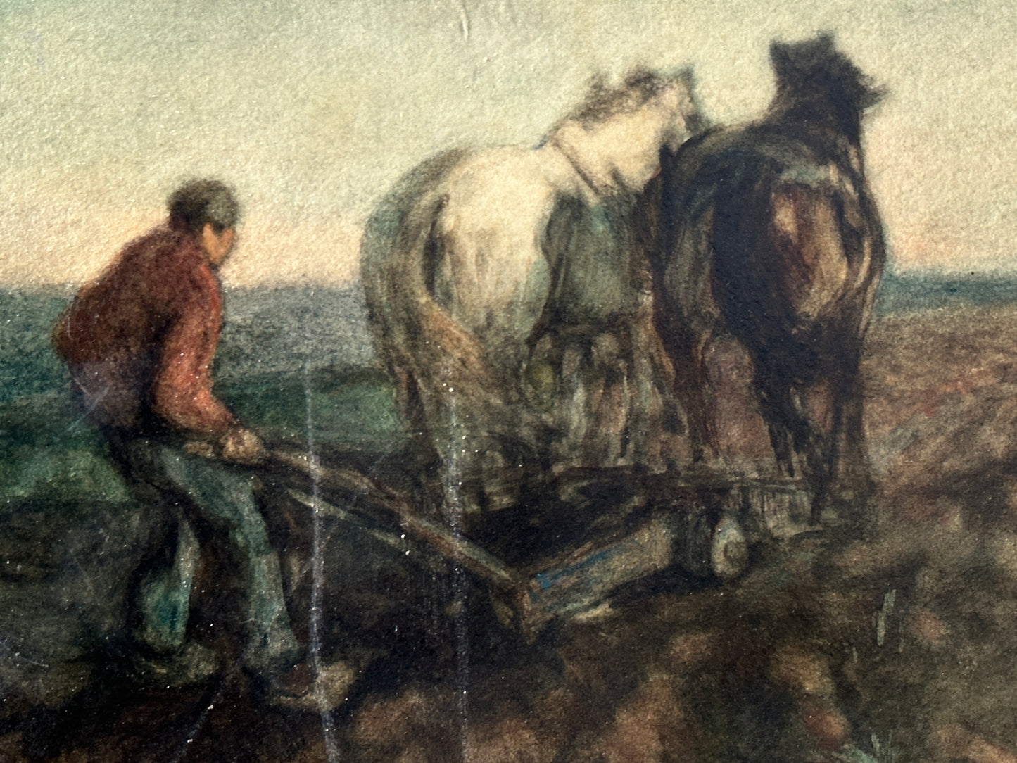 William Ritschel Watercolor: Man plowing the field with two horses