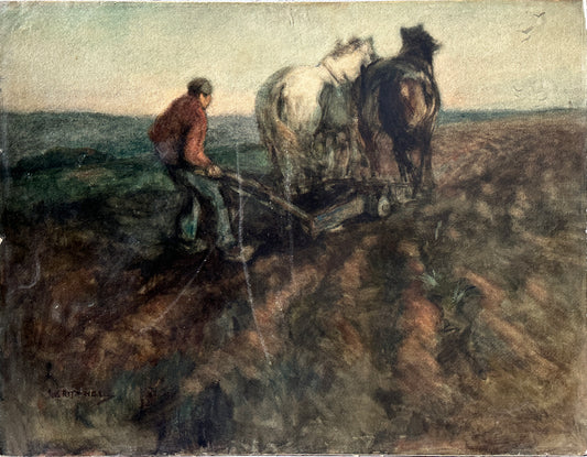 William Ritschel Watercolor: Man plowing the field with two horses