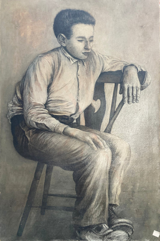 Oil Painting by D.R. Initials: Young man sitting on a chair