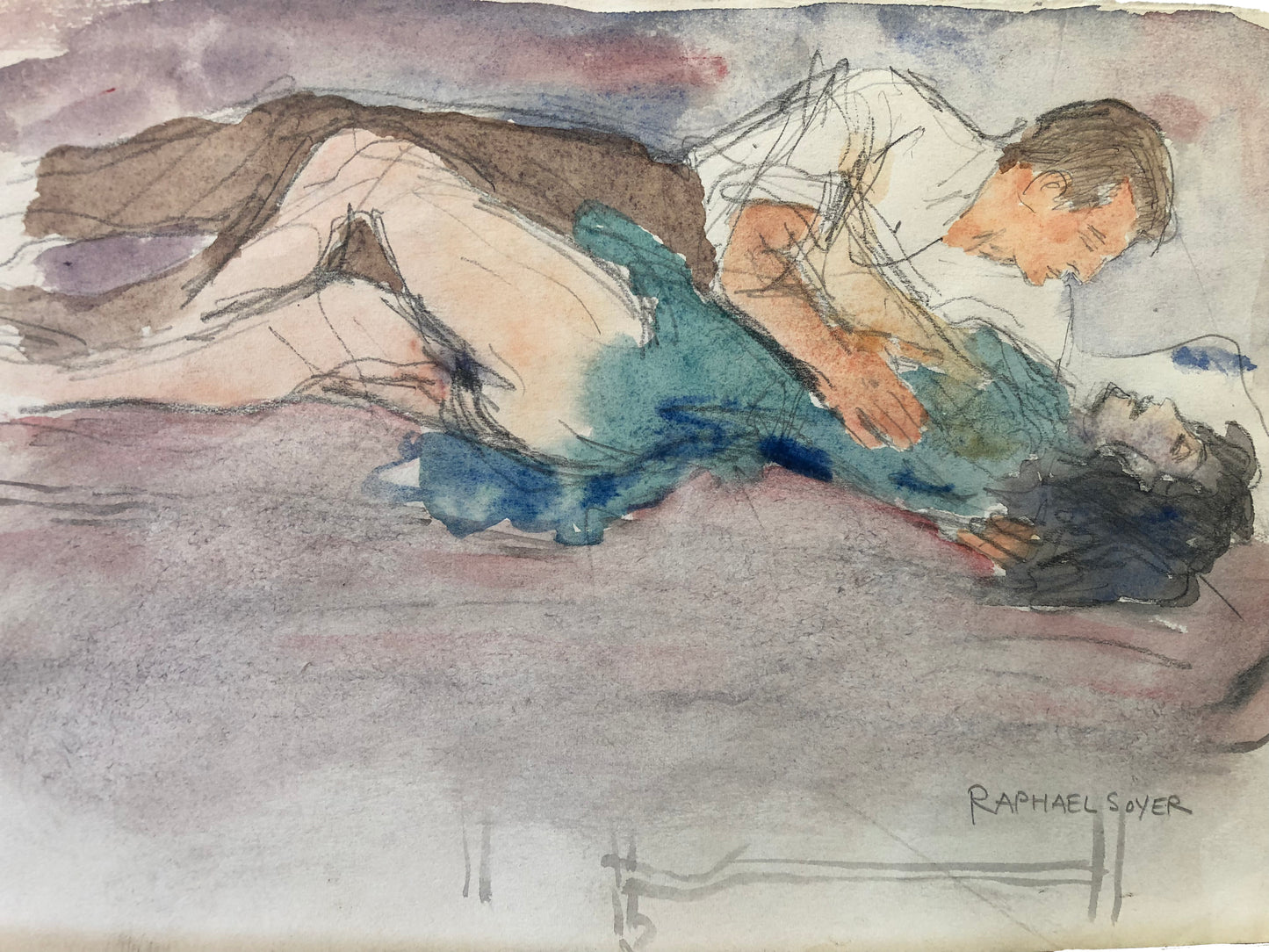 Raphael Soyer Drawing: Man and woman in bed (verso-Man and woman in bed)