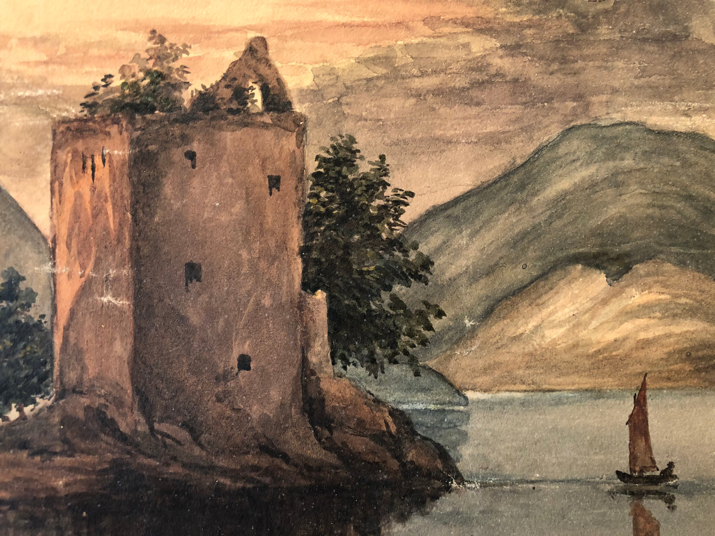 Robert Coventry Watercolor: Ruins by the water and mountains in the background