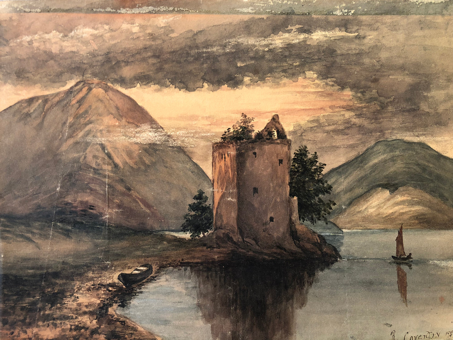 Robert Coventry Watercolor: Ruins by the water and mountains in the background