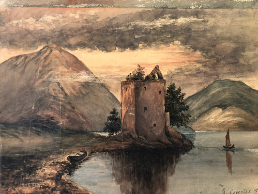 Robert Coventry Watercolor: Ruins by the water and mountains in the background