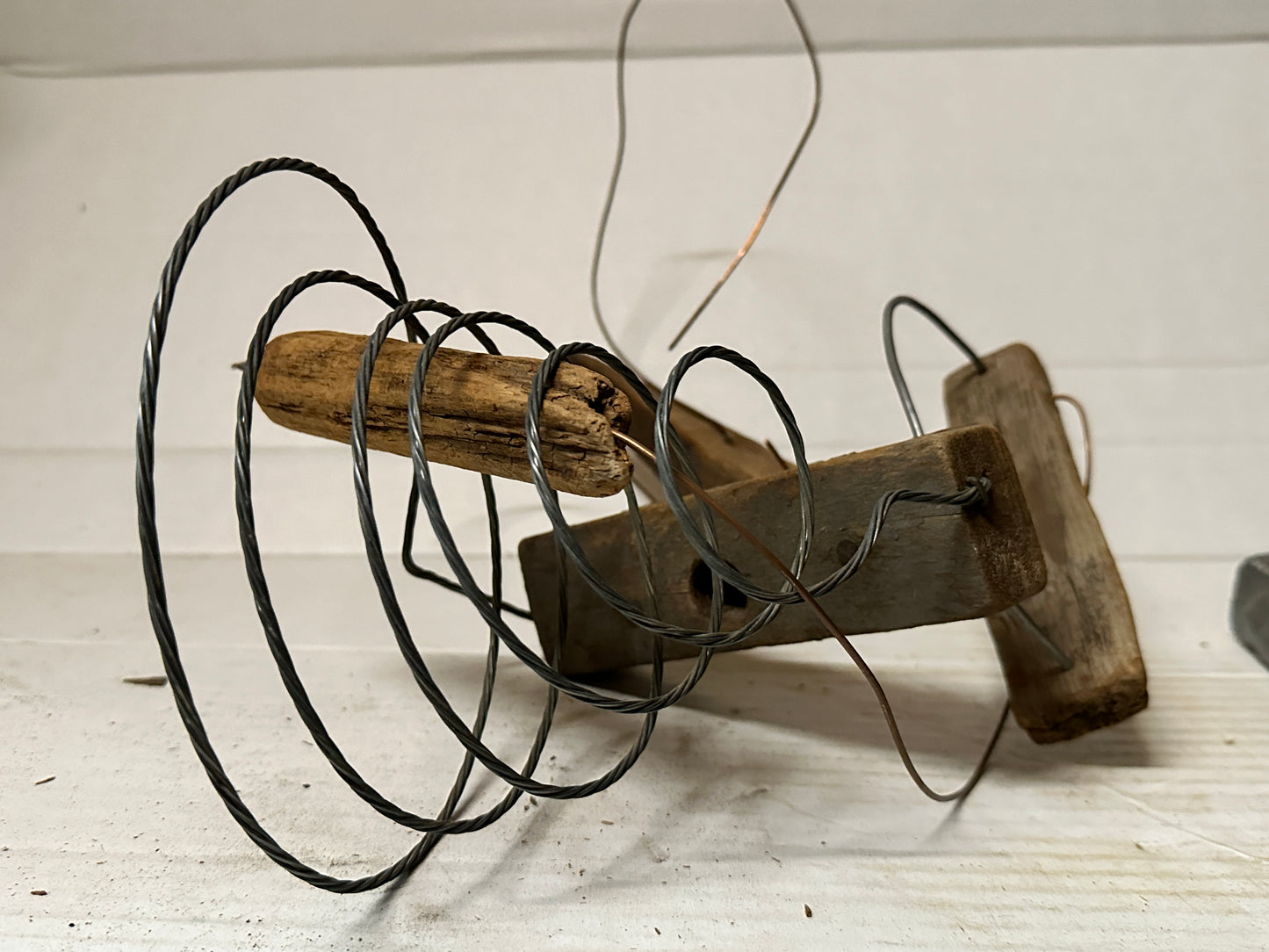 Signed Roger Selchow Wood and Metal Wire Sculpture: "Selchow # 6"