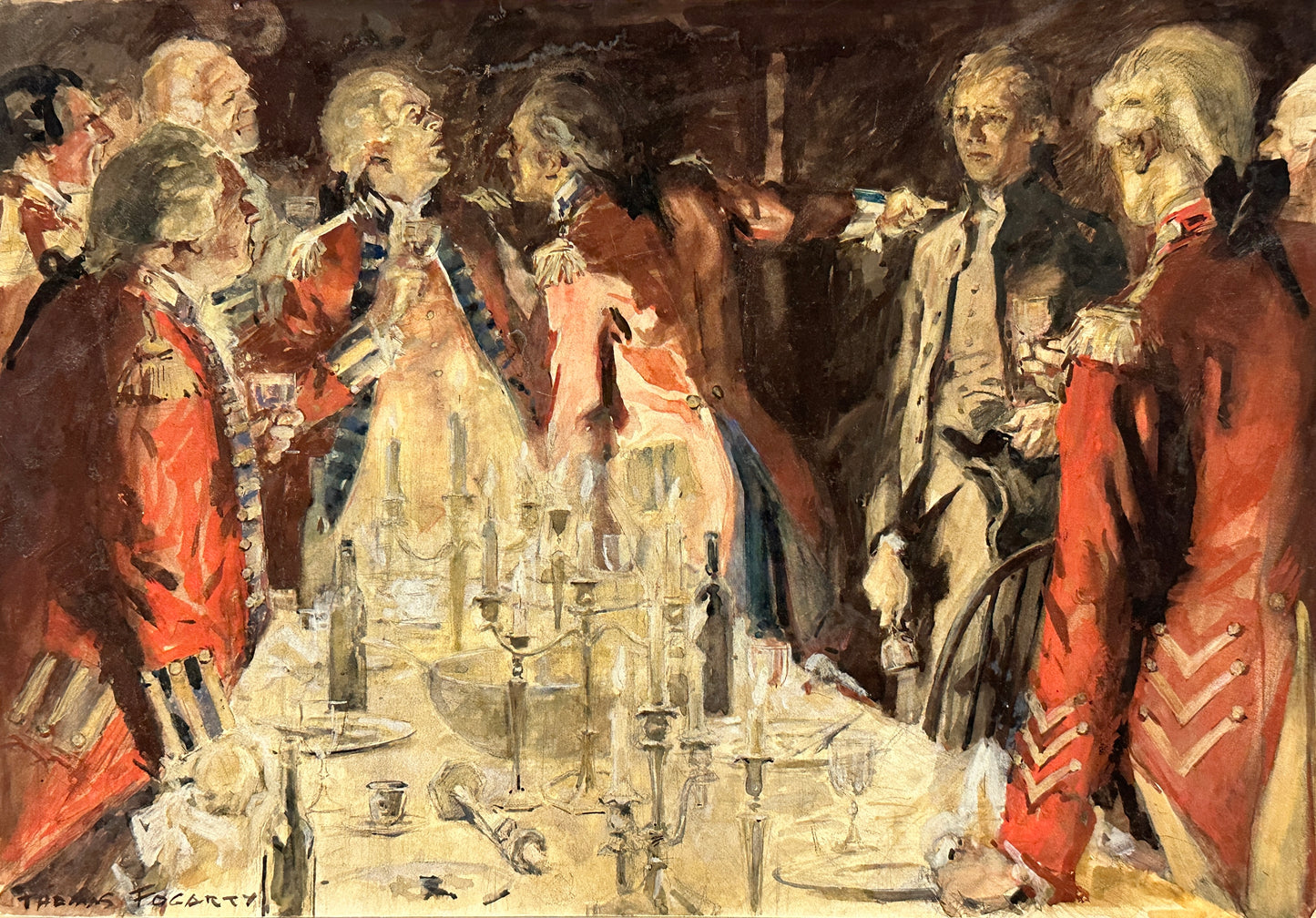 Thomas Fogarty Watercolor: Men in red uniform at dinner table