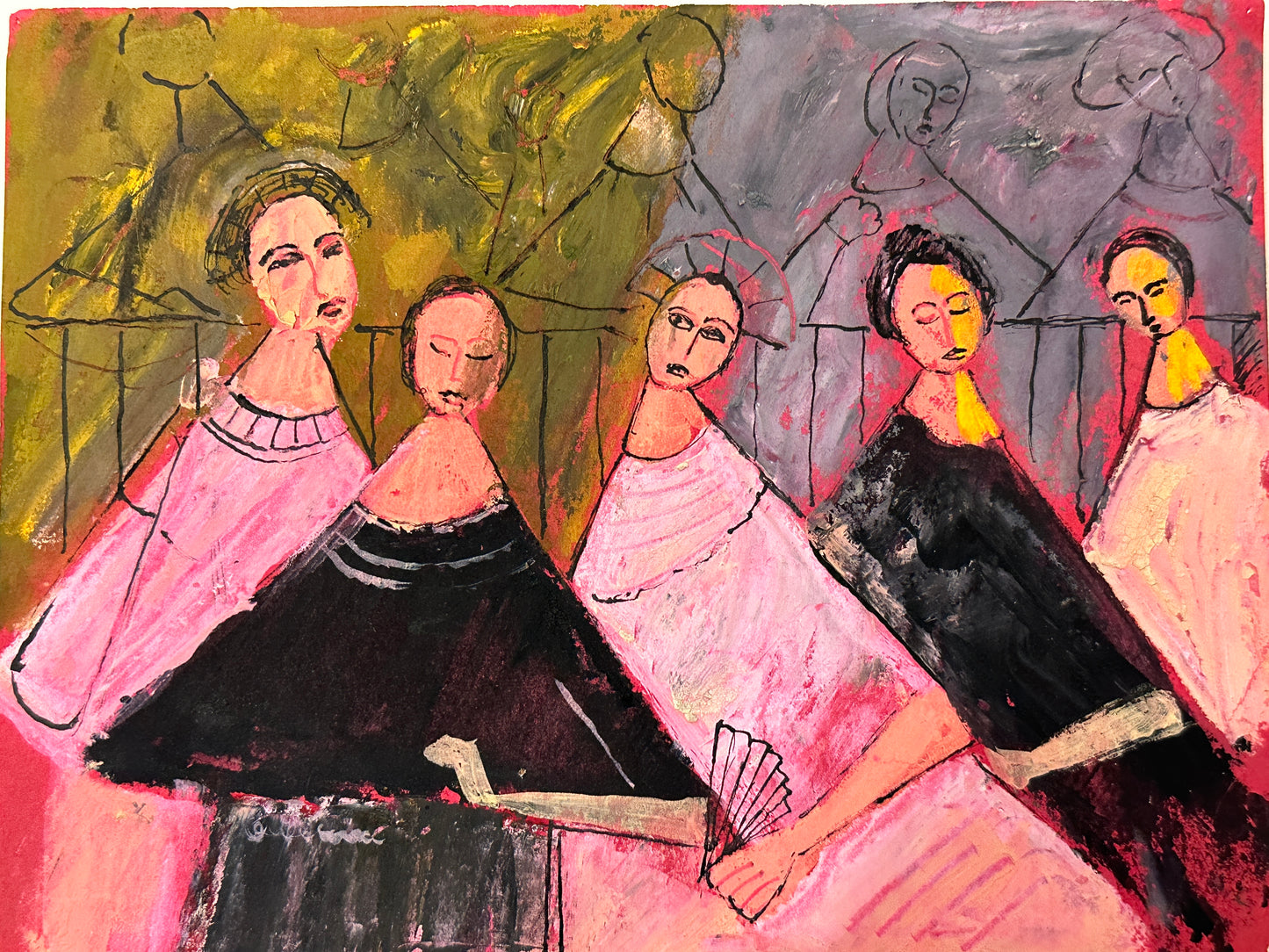 Gene Charlton Oil Painting: 5 Women in Dresses