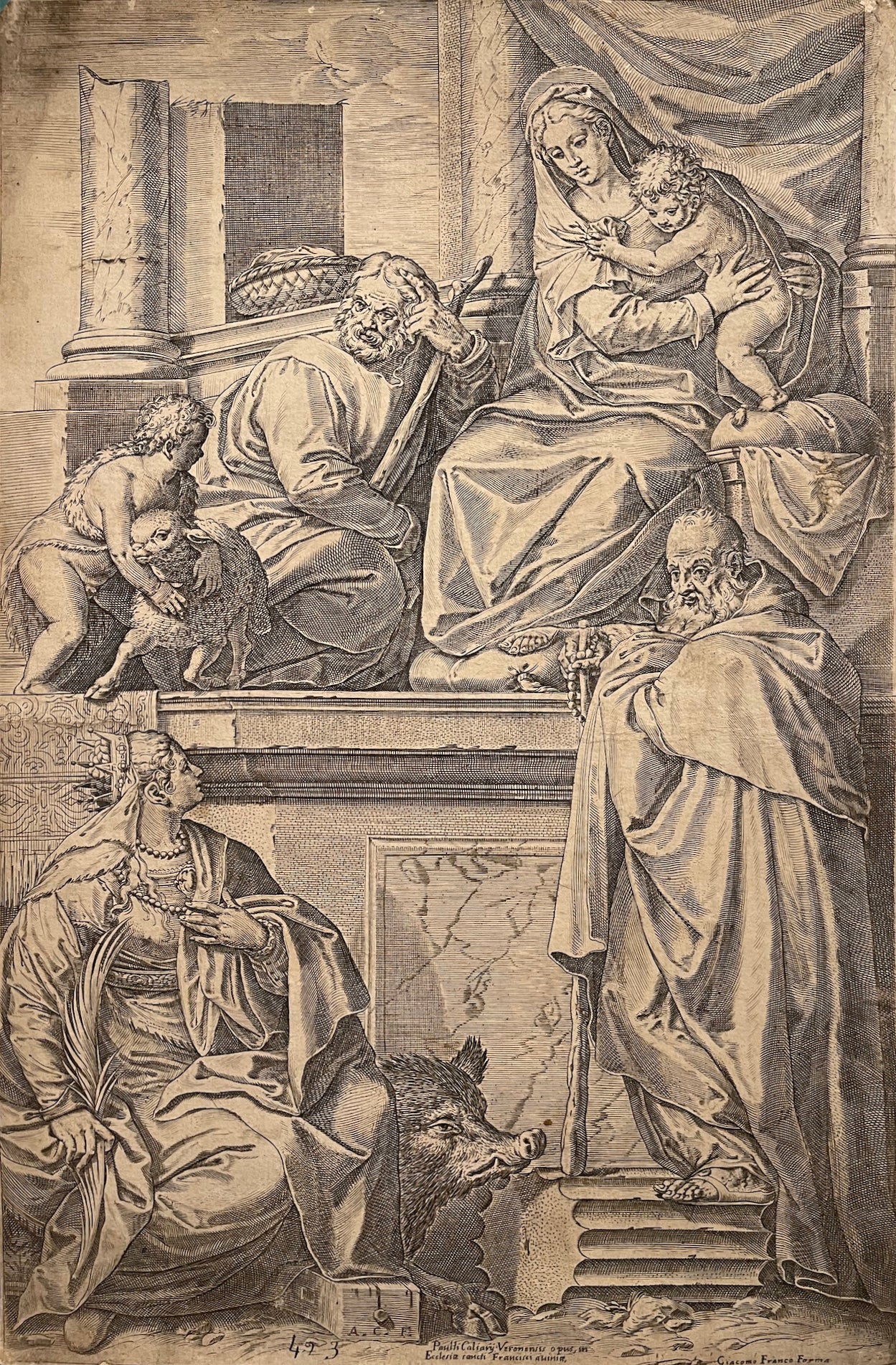 Agostino Carracci Engraving: The Holy Family with St. Anthony Abbot, Catherine and the Infant St. John