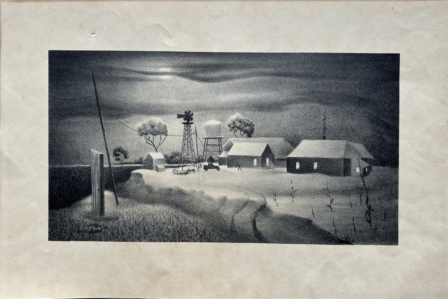 Bernard J. Steffen Lithograph: Farm at Night