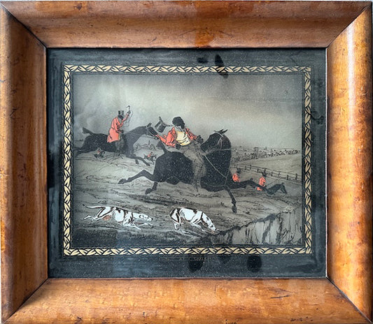 19th Century English Reverse Painting on Glass: Hunting Scene "Going at a Chalk Pit"