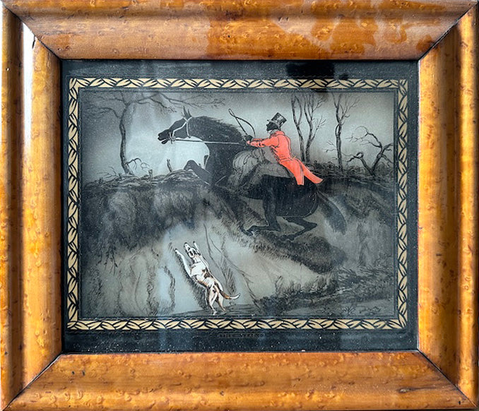 19th Century English Reverse Painting on Glass: Hunting Scene "The Leap"